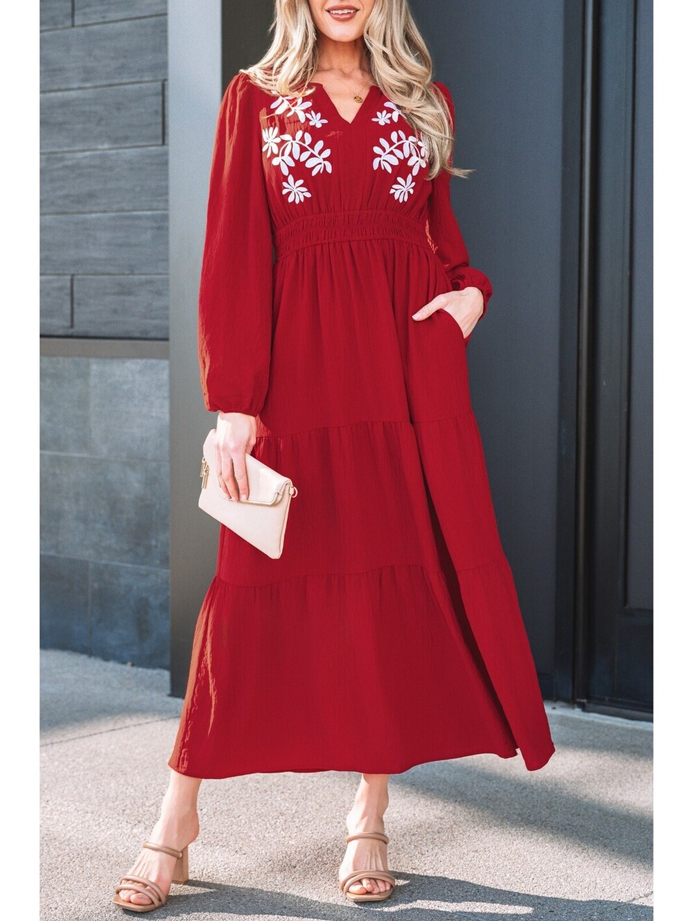 Red Long Sleeve Embroidered Maxi Dress with Pockets